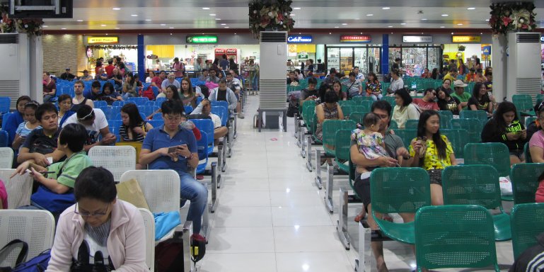 Food stalls and rows of seats